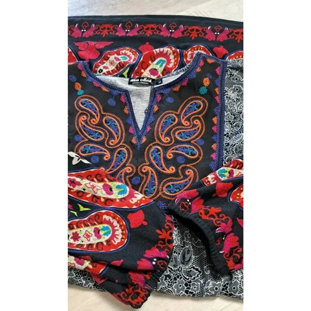 White Mark Boho Dress Womens Large Peasant Colorful Embroidered Paisley Babydoll - Picture 7 of 10